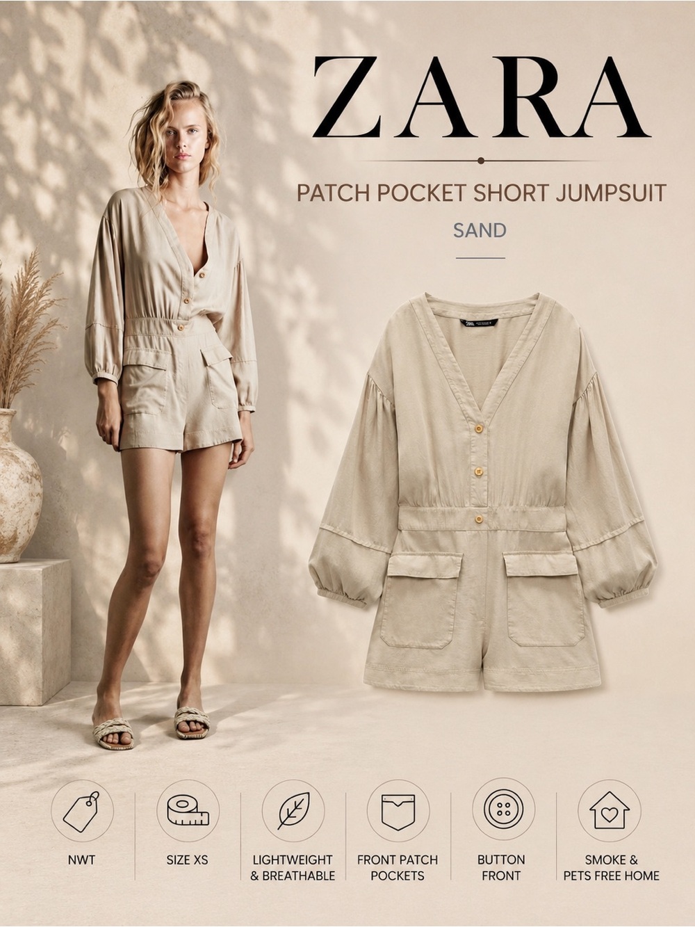 Zara Sand Patch Pocket Short Jumpsuit Size XS NWT Cream Tan Button Front Romper